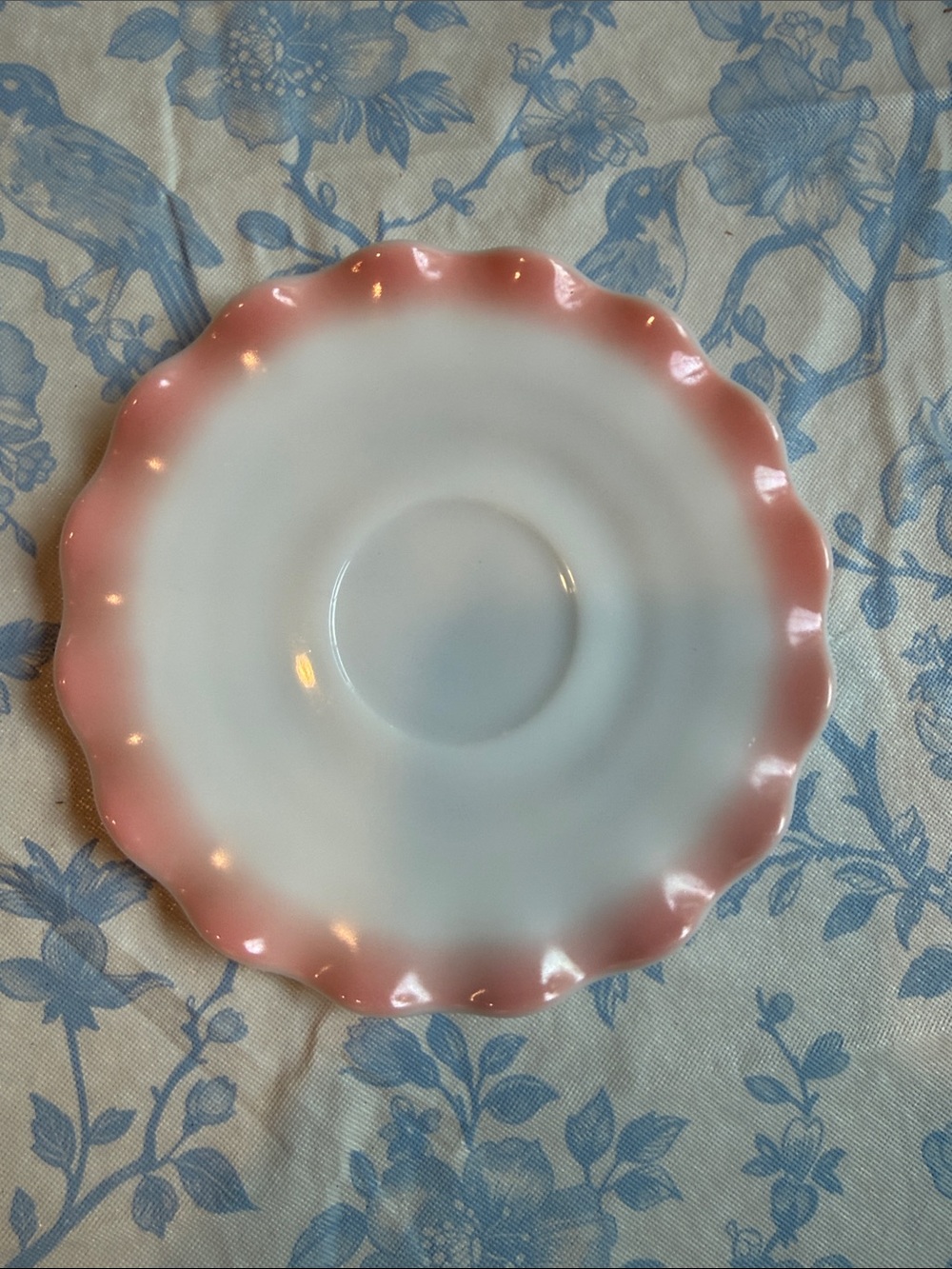 Hazel Atlas White Saucer with Pink Ruffle Edge - Set of 2